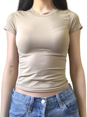 Short Sleeve Basic Tee Shirt Crewneck Sandy Beige Size OS GUC No Brand